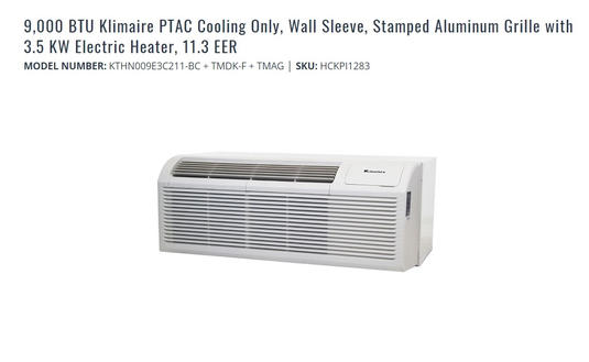 9,000 BTU Klimaire PTAC Cooling Only, Wall Sleeve
