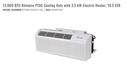 12,000 BTU Klimaire PTAC Cooling Only with 3.5kW Electric Heater