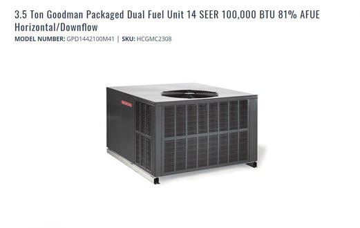 3.5 Ton Goodman Packaged Dual Fuel Unit 14 SEER